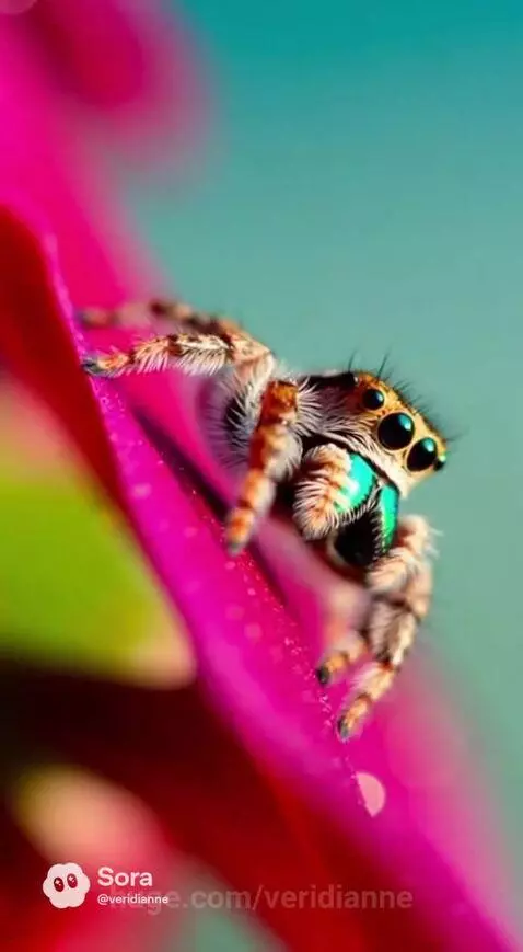 Close-up macro shot of a jumping spider with large eyes and green markings on a vibrant red flower petal.