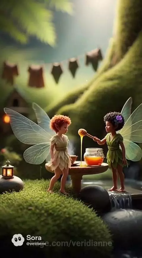 Two small fairies in a lush forest setting, one serving honey at a miniature table with a waterfall and lantern in the background.