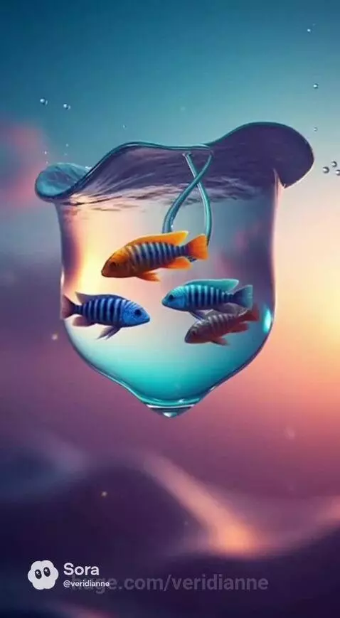 Four colorful Mbuna fish swimming inside a clear, stylized water droplet against a gradient sky background.