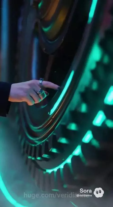 Woman in a black coat explores a futuristic steampunk city with glowing green and purple lights, gears, and an aurora sky.