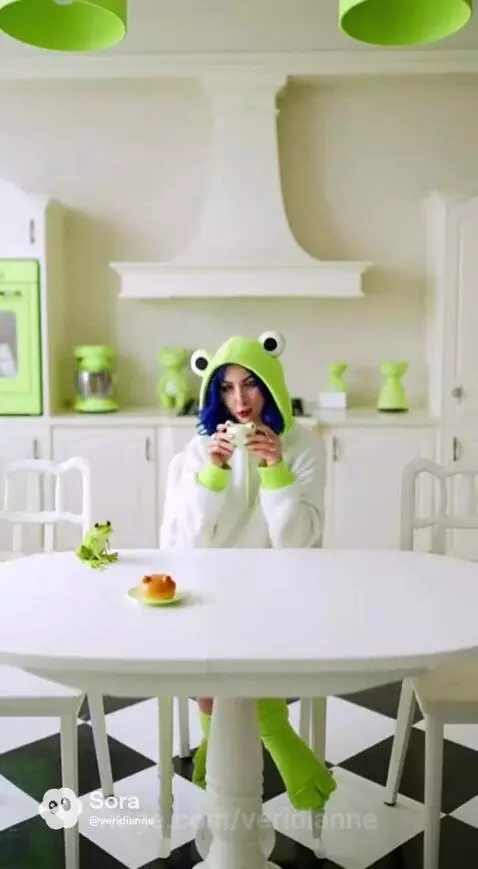 Woman with blue hair and frog hoodie sips from a frog mug in a bright kitchen.