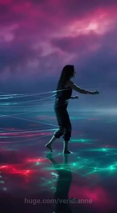 Woman with glowing lines on skin, struggling against blue glowing lines, against a dramatic cloudy sky.