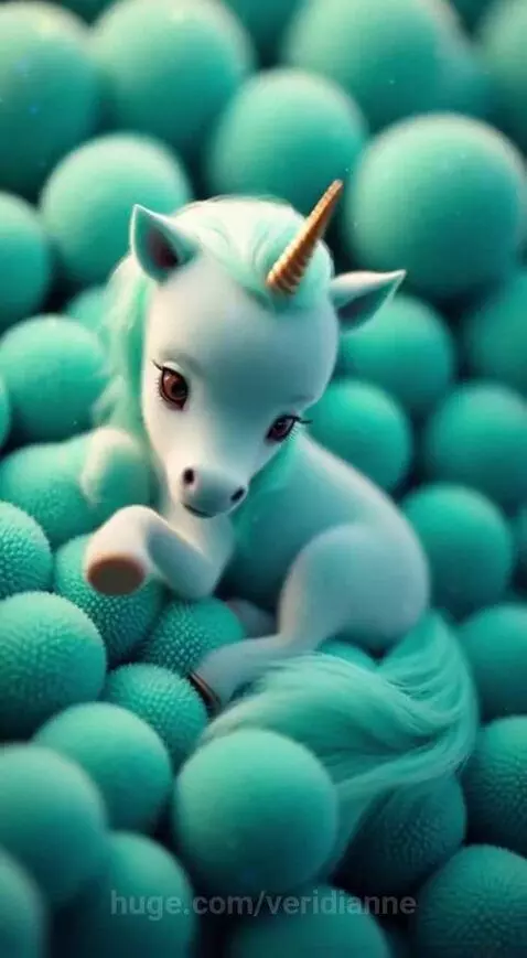 A fluffy baby turquoise unicorn with a golden horn and teal mane, surrounded by soft teal spheres.