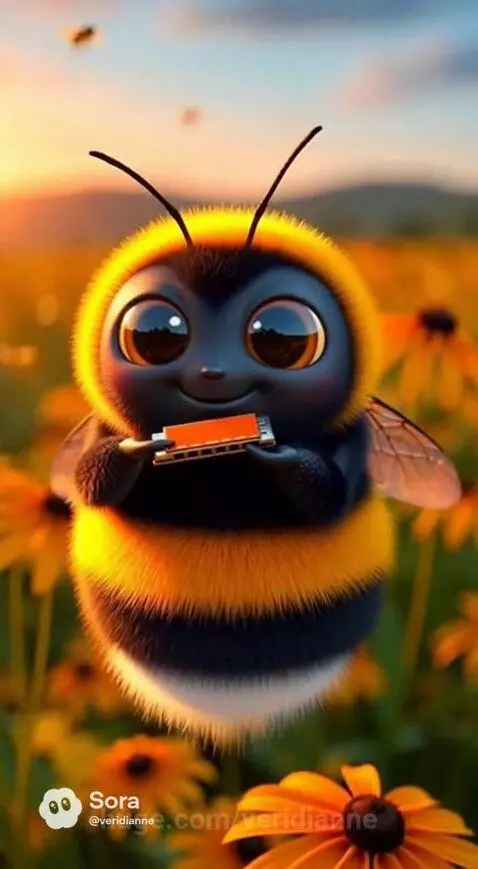 Animated bumblebee with expressive eyes playing an orange harmonica in a field of yellow flowers at sunset.