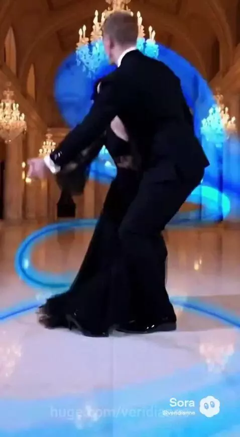 Couple ballroom dancing with vibrant blue hair and a black gown, surrounded by glowing blue effects.
