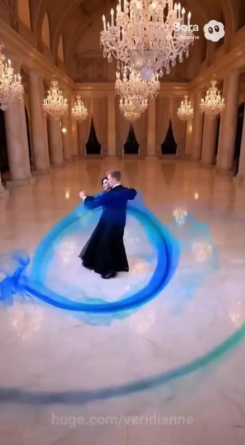 Couple ballroom dancing with vibrant blue hair and a black gown, surrounded by glowing blue effects.