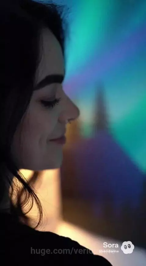 Woman painting a Northern Lights mural on a bedroom wall with mountains and trees.