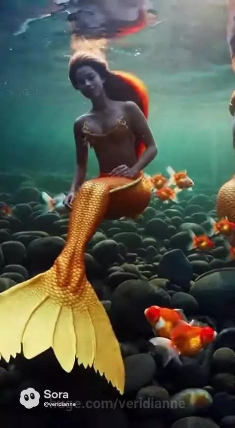 A mermaid with red hair and a golden tail swims underwater with orange goldfish.