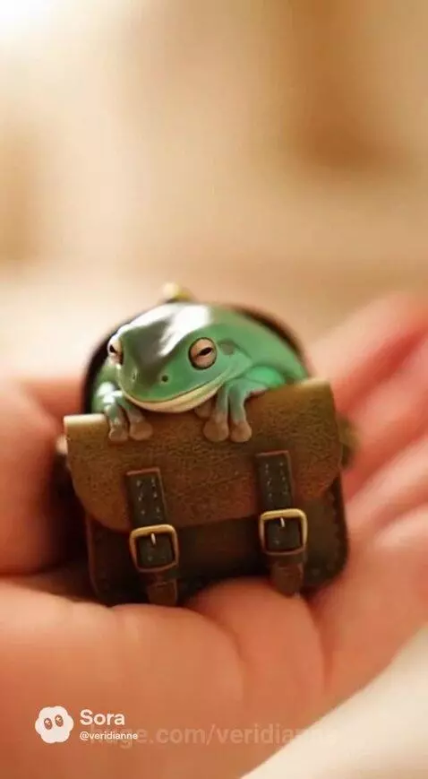 A small green frog sitting peacefully inside a miniature brown satchel held in a person's hand.