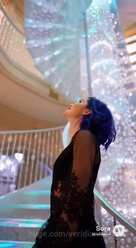 Woman with blue hair in a sheer top and white boots stands in an opulent hall with a grand, sparkling crystal spiral staircase.