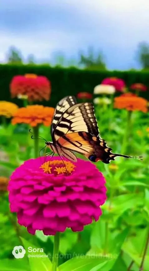 Yellow and black swallowtail butterfly resting on a bright pink zinnia flower in a lush garden.
