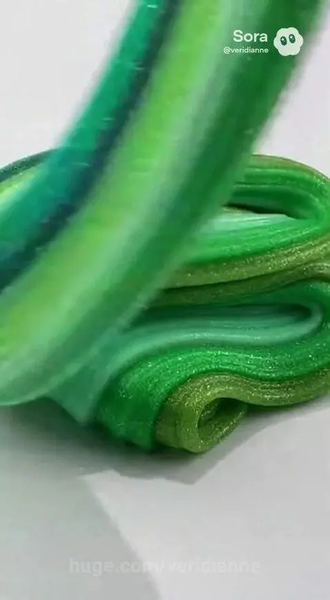 Close-up of shimmering green glitter slime being manipulated on a white surface, showing smooth textures and flowing patterns.