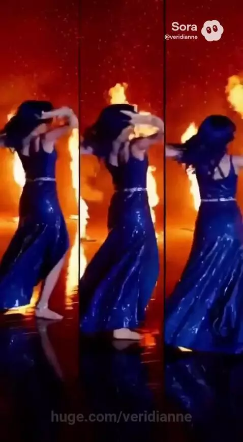 Dancer with dark blue hair in a shimmering royal blue gown performing with large flames behind her.