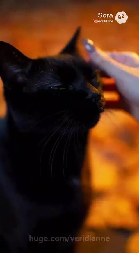 Woman with blue hair petting a black cat in a magical forest under a full moon.