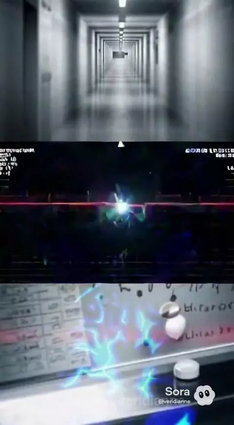 Abstract brain scans with glowing patterns and medical data overlays, contrasted with a sterile, empty hallway.