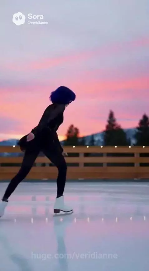 Woman with blue hair ice skating elegantly on an outdoor rink at sunset with mountains in the background.
