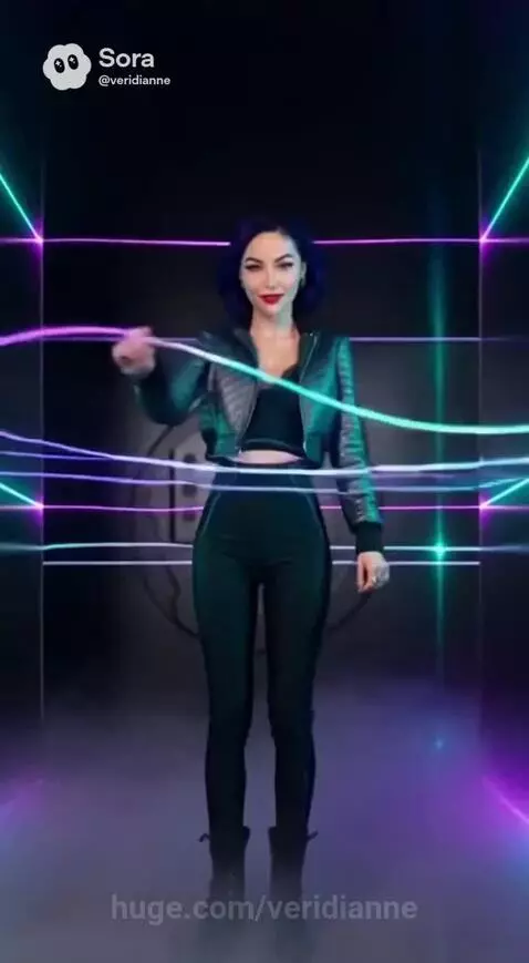 Woman with blue hair in futuristic attire holding a glowing blue cube in a neon-lit corridor.