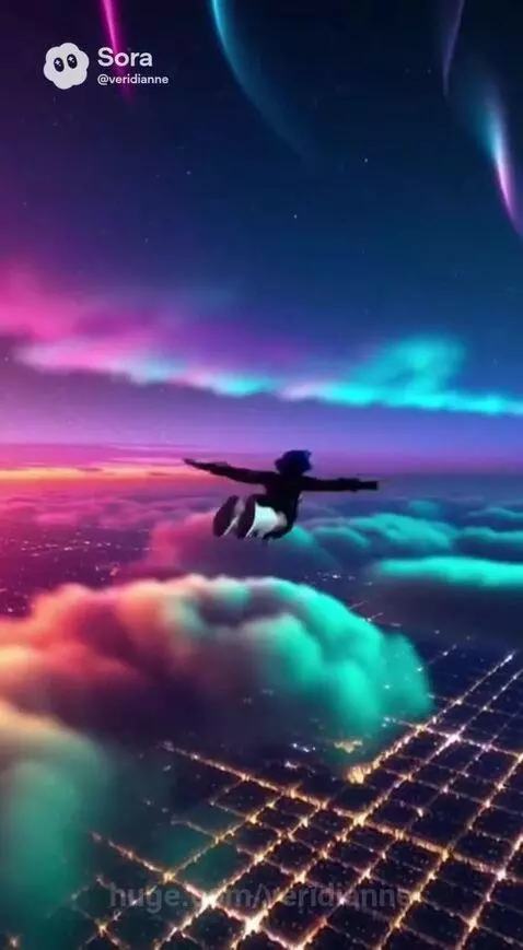 Person with blue hair flying through a colorful, aurora-filled sky above a glowing city at night.