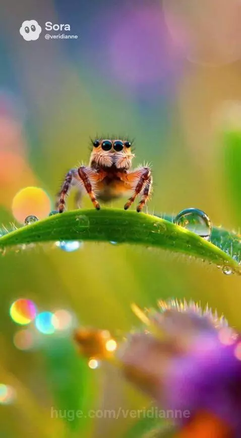 Close-up of a fuzzy jumping spider with large eyes on a green leaf covered in water droplets, with colorful bokeh background.