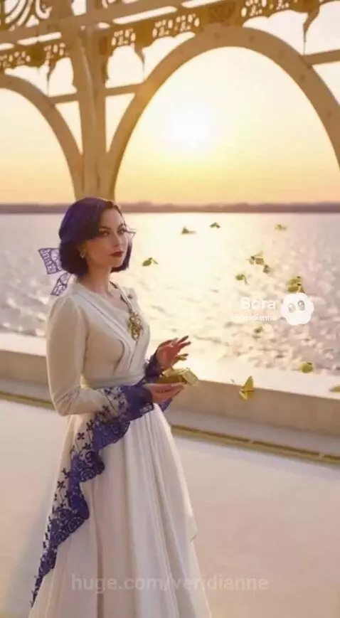 Woman in white gown holding ornate music box with butterfly design on a veranda at sunset with golden butterflies.