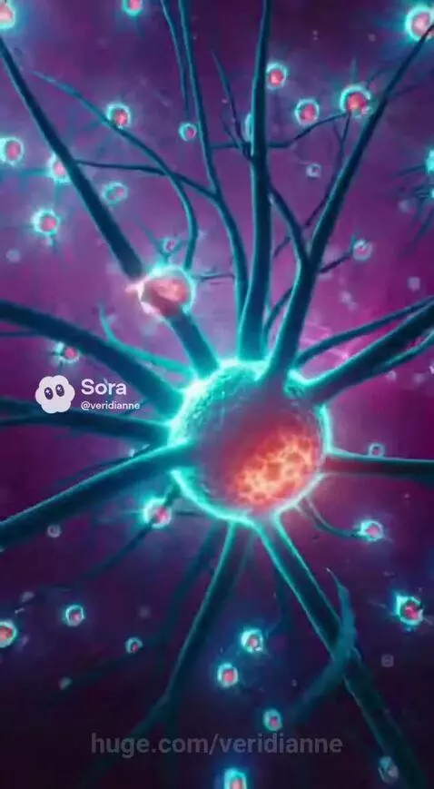 Abstract animation of a pulsating heart and glowing neurons with shattered glass and a person floating in a void.