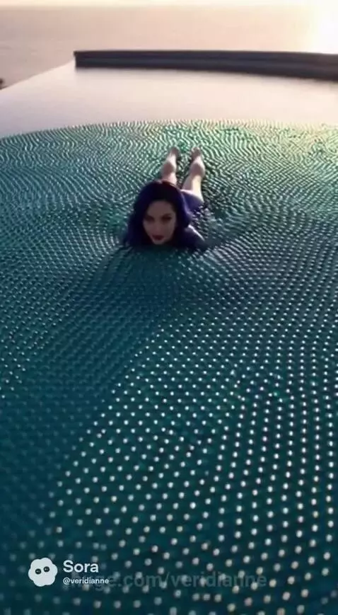 Woman with blue hair swimming in a pool filled with translucent teal orbs, smiling.