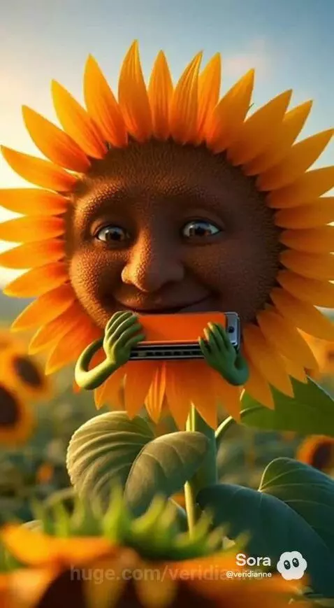 Animated sunflower with a friendly face holding a harmonica and playing music in a sunflower field.