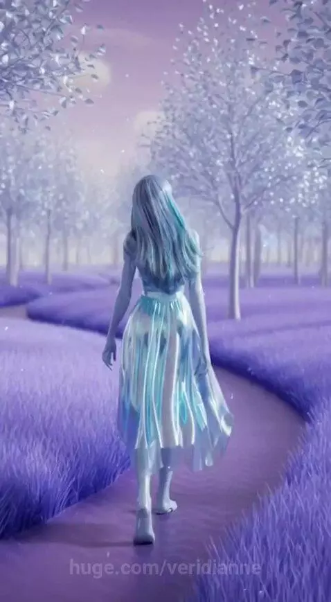 Stylized woman with iridescent skin and flowing dress walks on a purple path in a fantastical landscape with glowing eyes.
