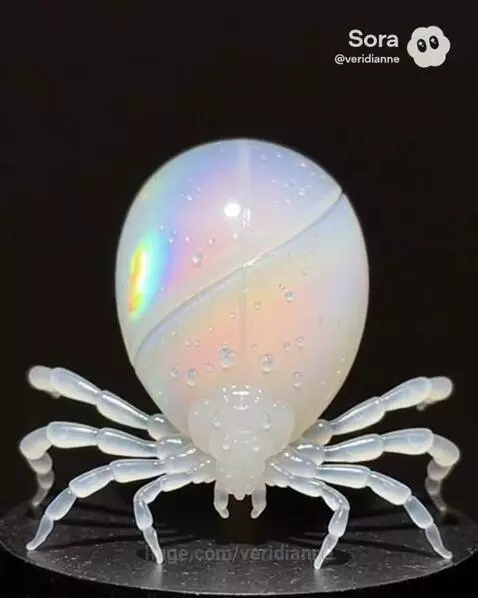 Close-up of a fantastical iridescent opal tick creature with glowing rainbow body and segmented translucent legs on a dark background.