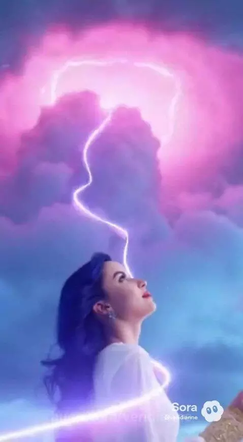 Woman with blue hair in a white dress in a fantasy landscape, interacting with glowing purple and pink light effects.
