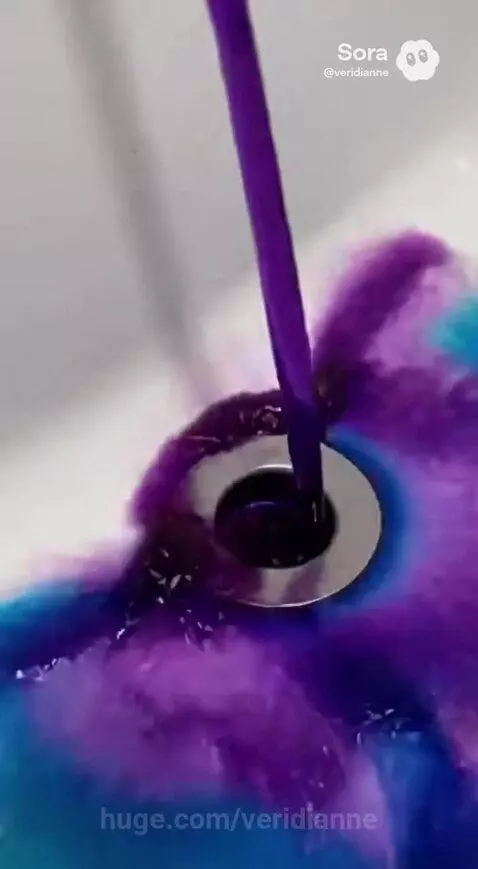Close-up of swirling blue, purple, and green colored liquid flowing down a sink drain.