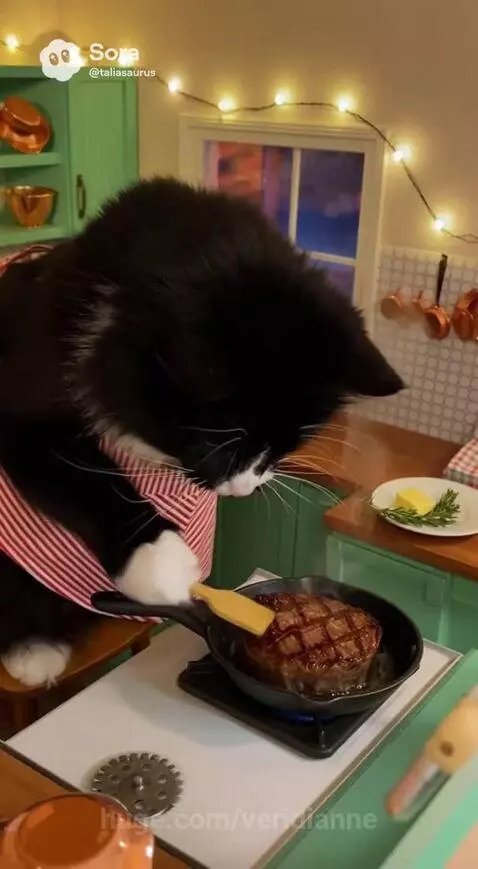 Black and white cat wearing an apron, cooking a steak in a miniature kitchen.
