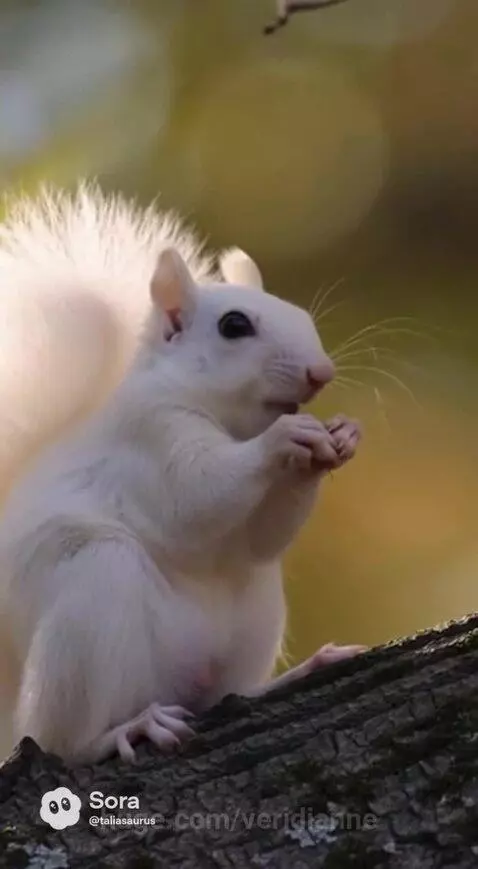 An albino squirrel with white fur and a fluffy tail climbing a tree branch.