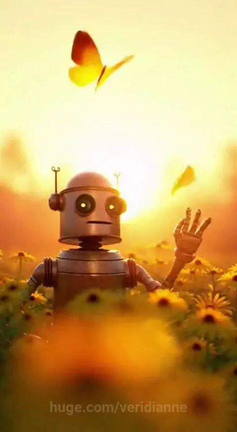 Retro robot with glowing eyes in a field of yellow Rudbeckia flowers at sunset, holding a single flower.