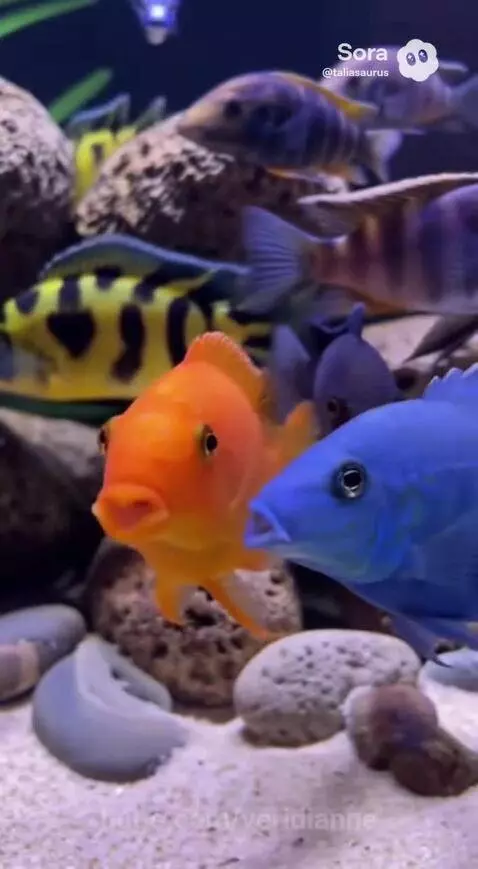 Colorful Mbuna cichlid fish swimming in a rocky aquarium, with orange and blue fish interacting.