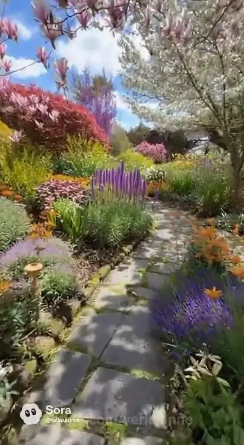 A stone garden path winds through a vibrant garden filled with blooming lavender, colorful flowers, and magnolias under a blue sky.
