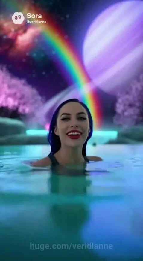 Woman in green swimsuit swimming in turquoise water with a purple planet and rainbow in the background.