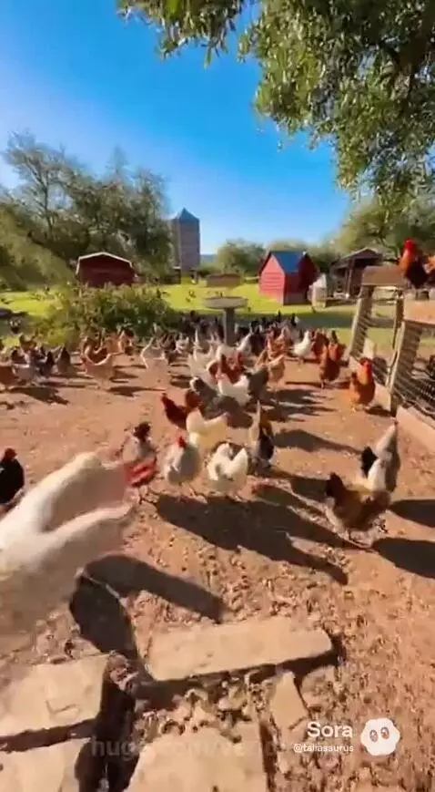 First-person view of a person walking through a sunny outdoor chicken farm with many chickens roaming.