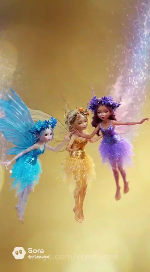 Animated fairies with colorful wings flying and interacting joyfully in a magical, bokeh-filled background.