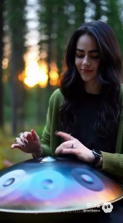 Woman playing a handpan drum by a river at sunset with pine trees and mountains in the background.