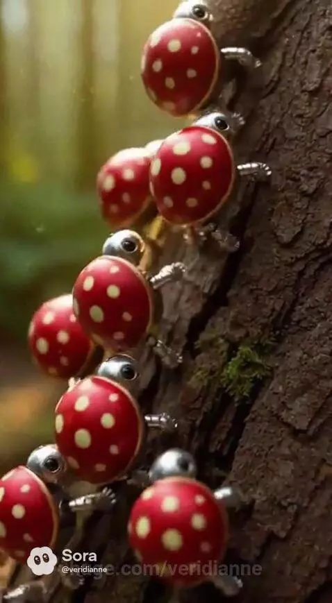 Animated metallic tortoises with red and white spotted shells climbing a textured tree trunk in a forest.