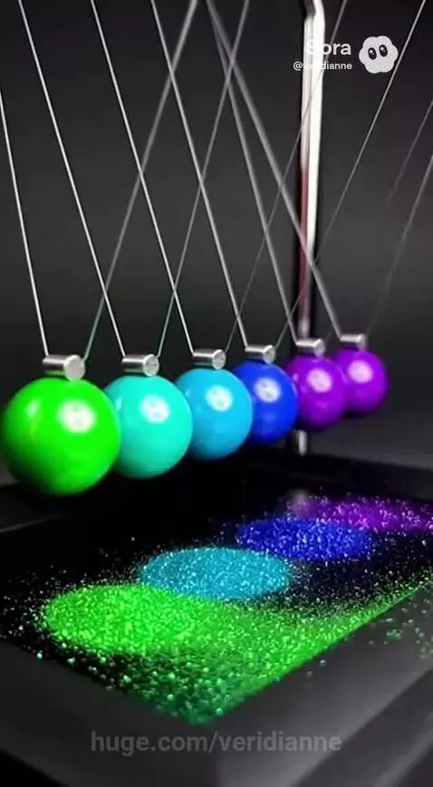 Newton's Cradle with colorful balls swinging, creating bursts of matching glitter with each impact.