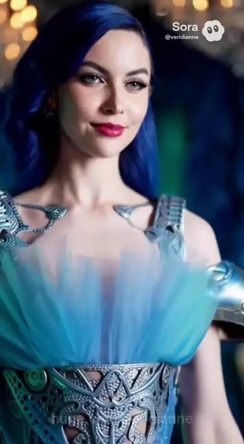 Woman with vibrant blue hair and an elaborate blue/teal ombre gown with metallic armored bodice walks towards the camera.