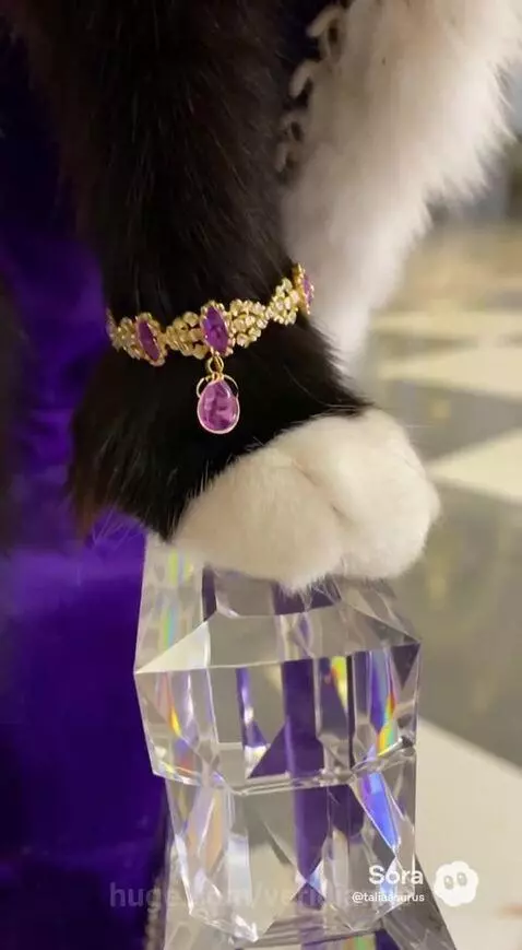 A black and white cat wearing a crown and royal robe sits on a throne, eating bacon presented on silver platters.