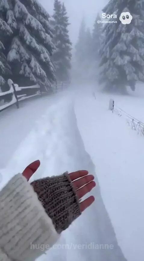 First-person view walking on a snowy path in a winter forest with snow-laden pine trees and a rustic fence.