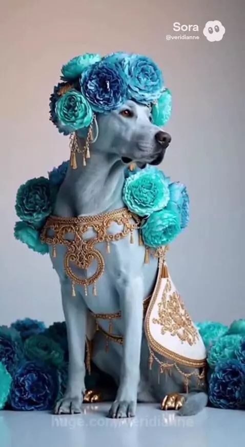 A light blue dog wearing a floral crown and gold jewelry, sitting regally against a plain background.
