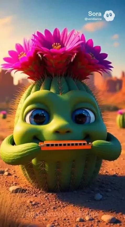Animated green cactus with blue eyes, pink and purple flowers, playing an orange harmonica in a desert.