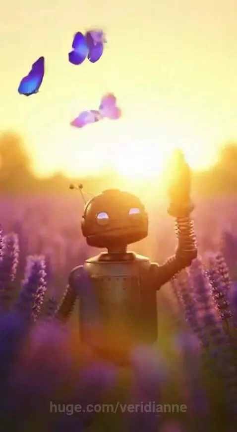 Old-fashioned robot with reflective eyes in a lavender field at sunset, holding a lavender sprig, with butterflies.