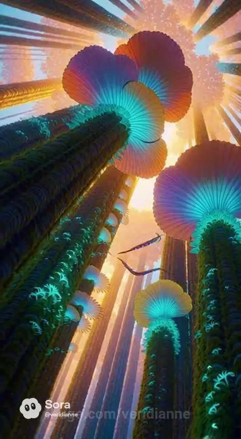 Vibrant alien landscape with glowing flora, a ringed planet, and a bioluminescent ocean.