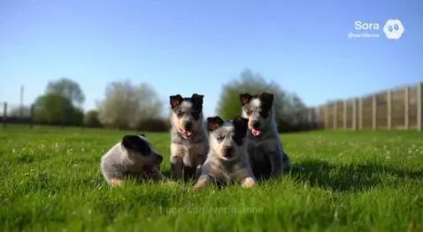 Fluffy Australian Cattle Dog puppies playing energetically in a green field.